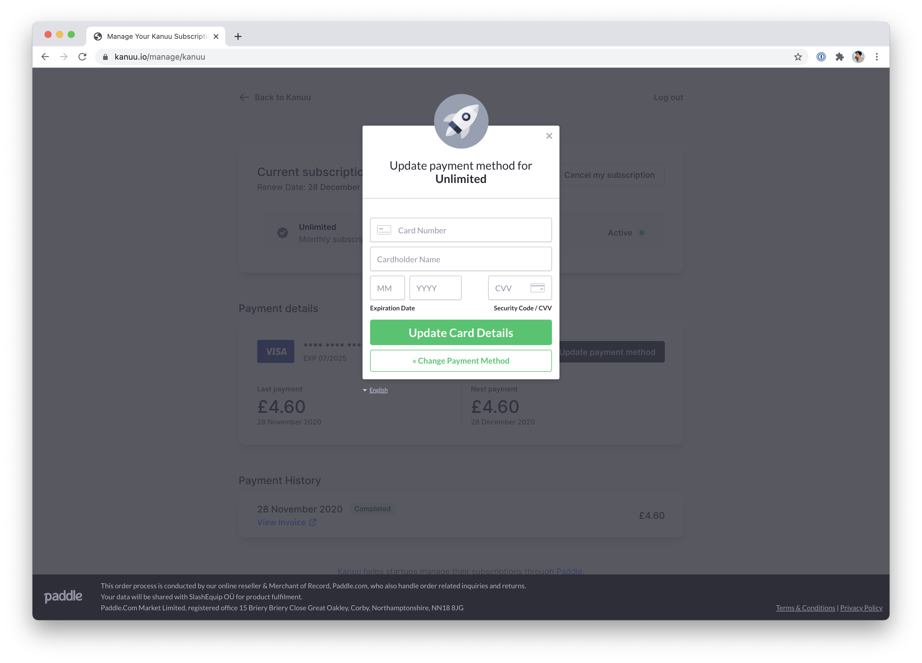 Kannu screenshot of a customer updating their card details using Paddle's official modal.