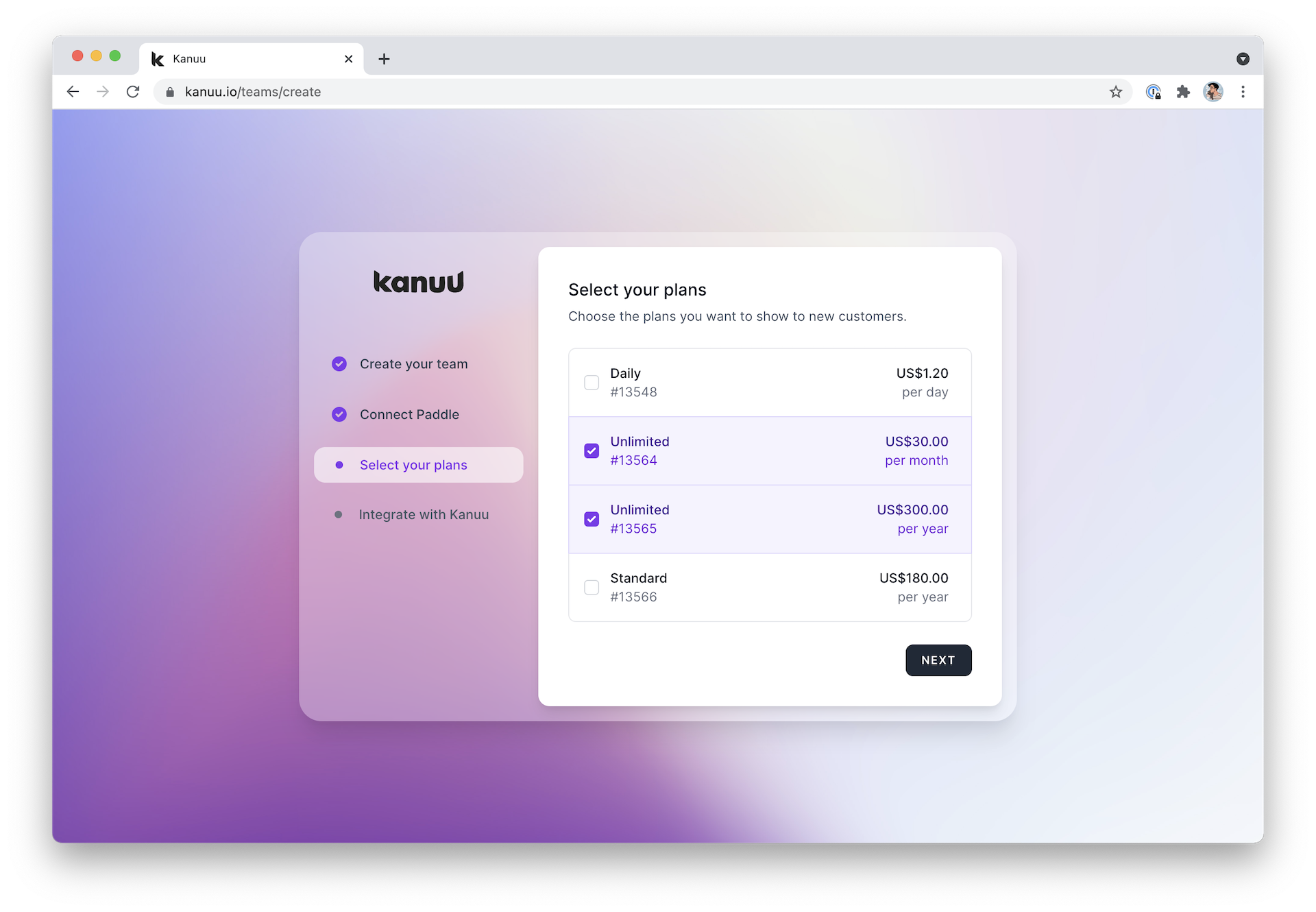 Kanuu's team onboarding page on the third step called "Select your plans".