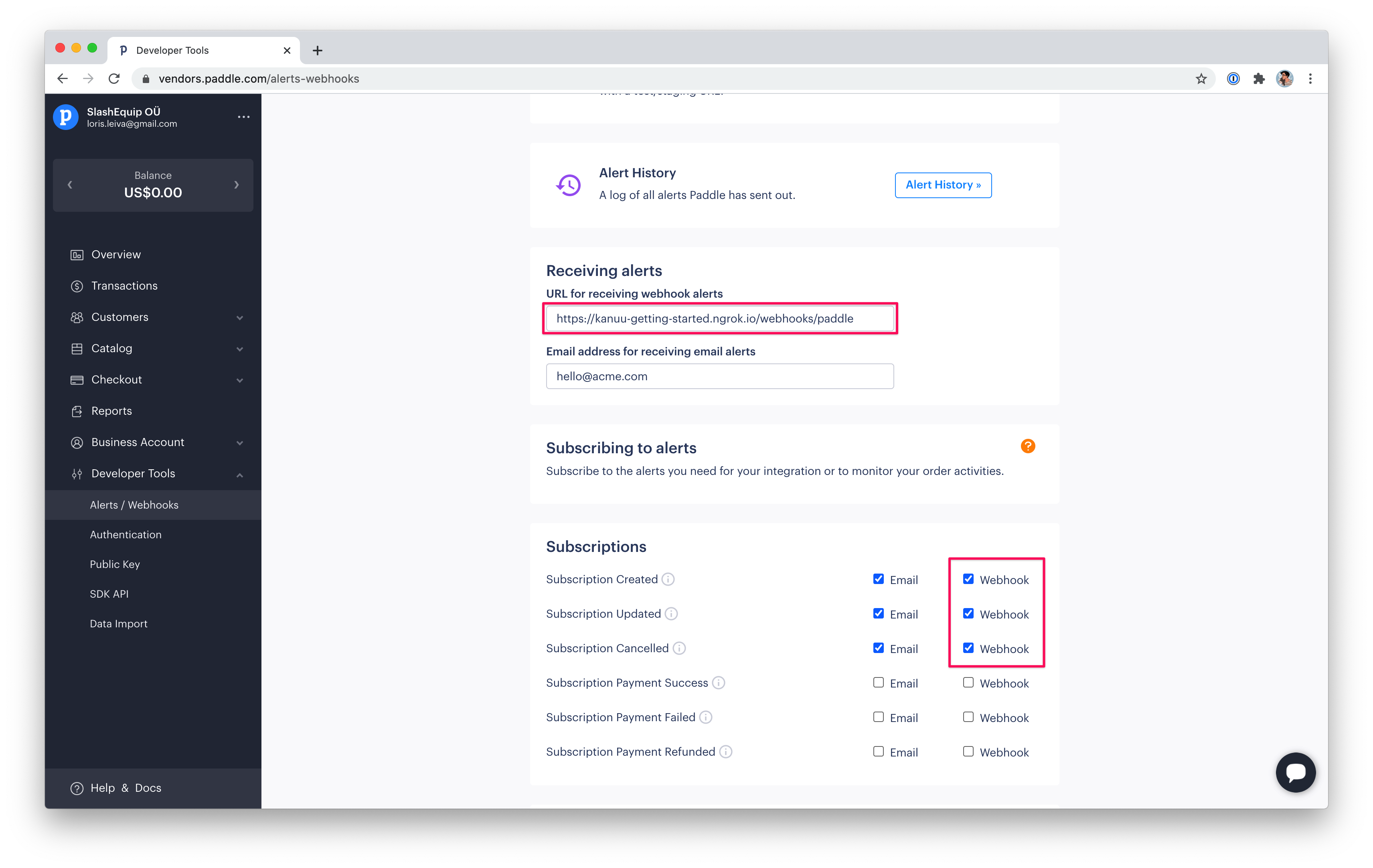 Paddle's screenshot of the "Alerts and Webhooks" page.